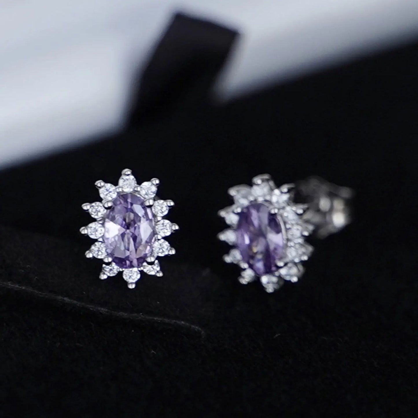 Sterling Silver Amethyst Purple CZ Oval Cluster Stud Earring Jewellery - sugarkittenlondon