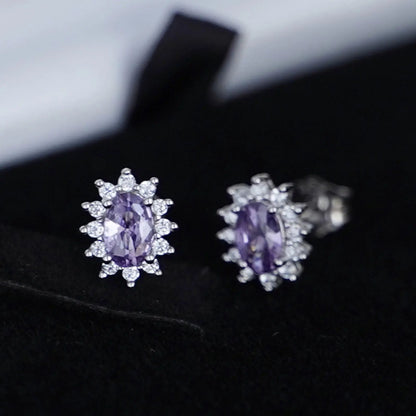 Sterling Silver Amethyst Purple CZ Oval Cluster Stud Earring Jewellery - sugarkittenlondon