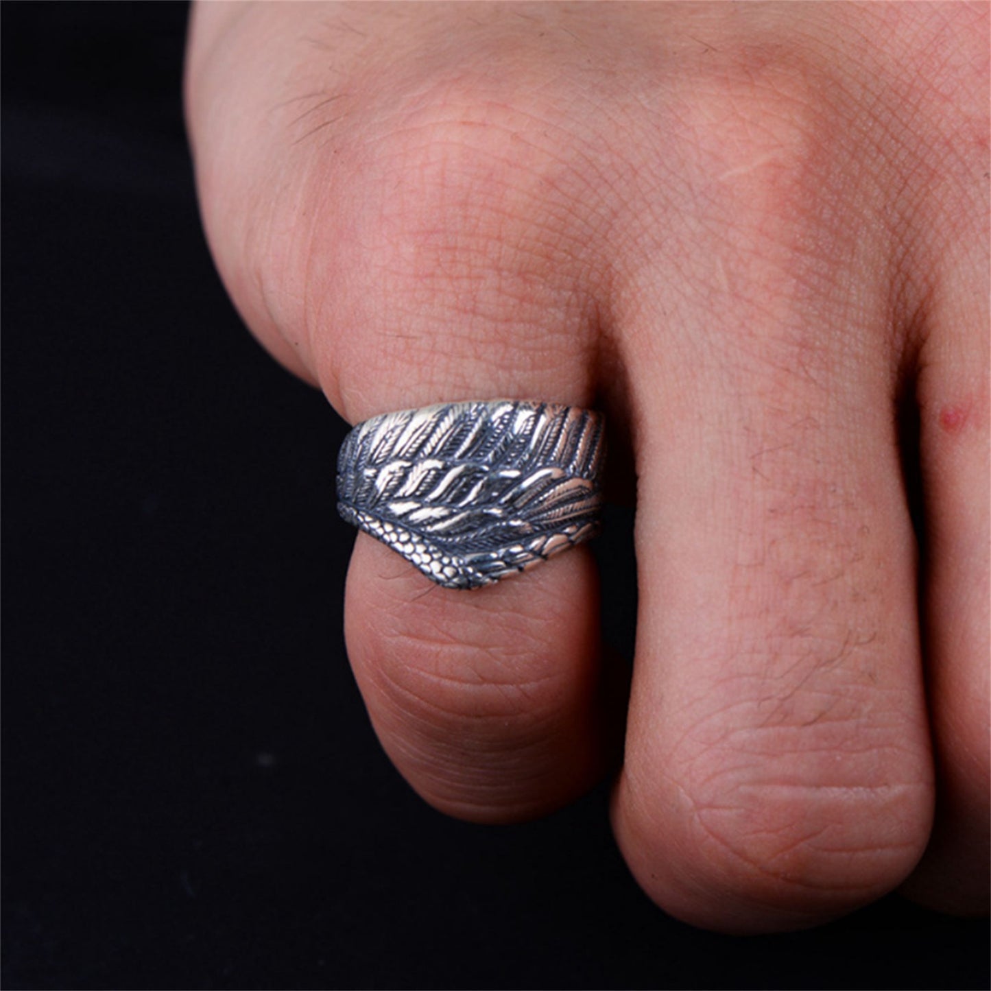 Hallmarked Sterling Silver Oxidized Wide Wrap Feather Eagle Wing Leaf Open Band Ring - sugarkittenlondon