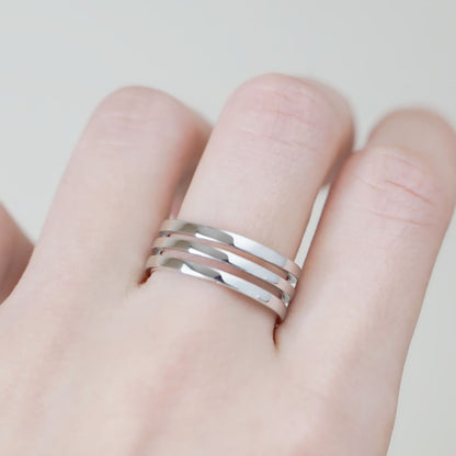 Sterling Silver Triple Parallel Bar Couple Rings with Wide Line Open Band - sugarkittenlondon