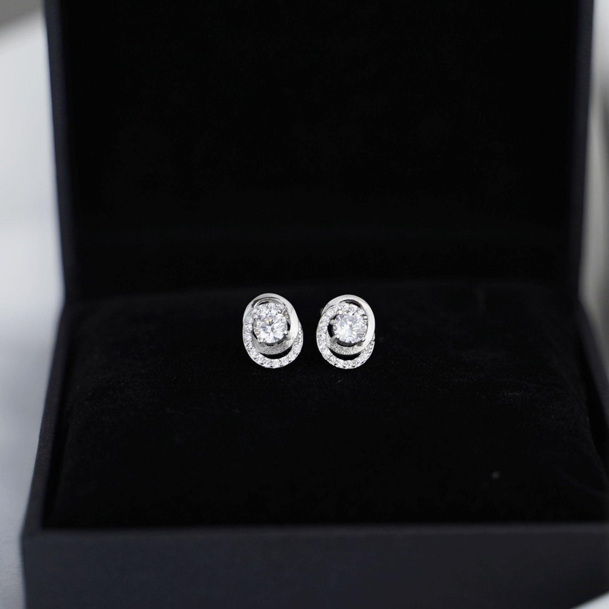 Stunning Rhodium-Plated Sterling Silver Halo Stud Earrings with 5mm CZ Ovals - sugarkittenlondon