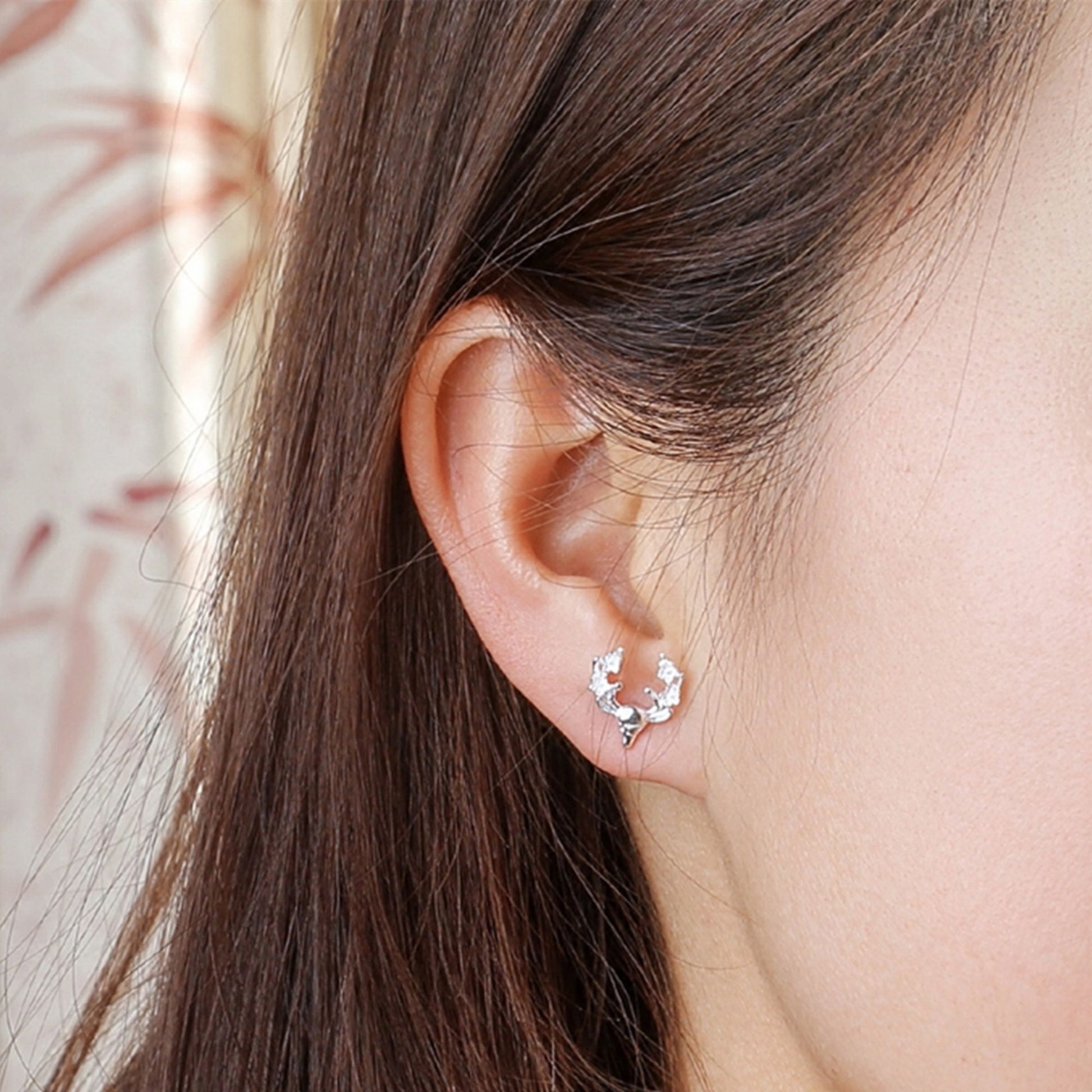 925 Sterling Silver Minimalist Skull Earrings with Deer Head and Flowers - sugarkittenlondon