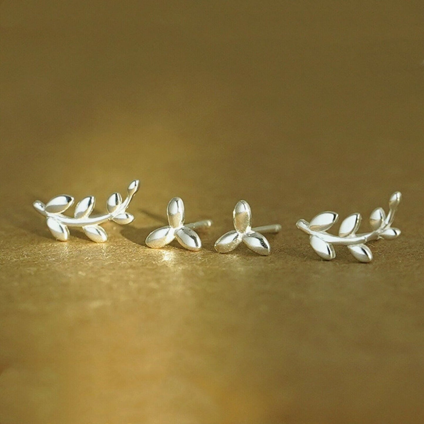 2 Pairs Sterling Silver Asymmetry Leaf Olive Brach Post Stud Earrings Boxed - sugarkittenlondon