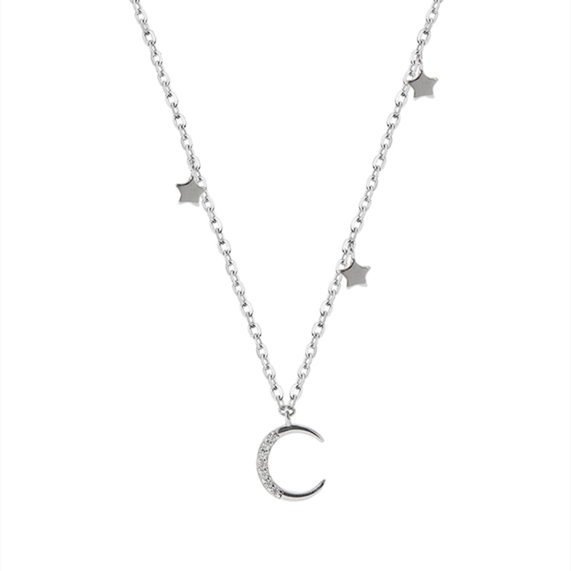 Mini Moon Star CZ Crescent Charm Drop Choker Necklace in Sterling Silver - sugarkittenlondon