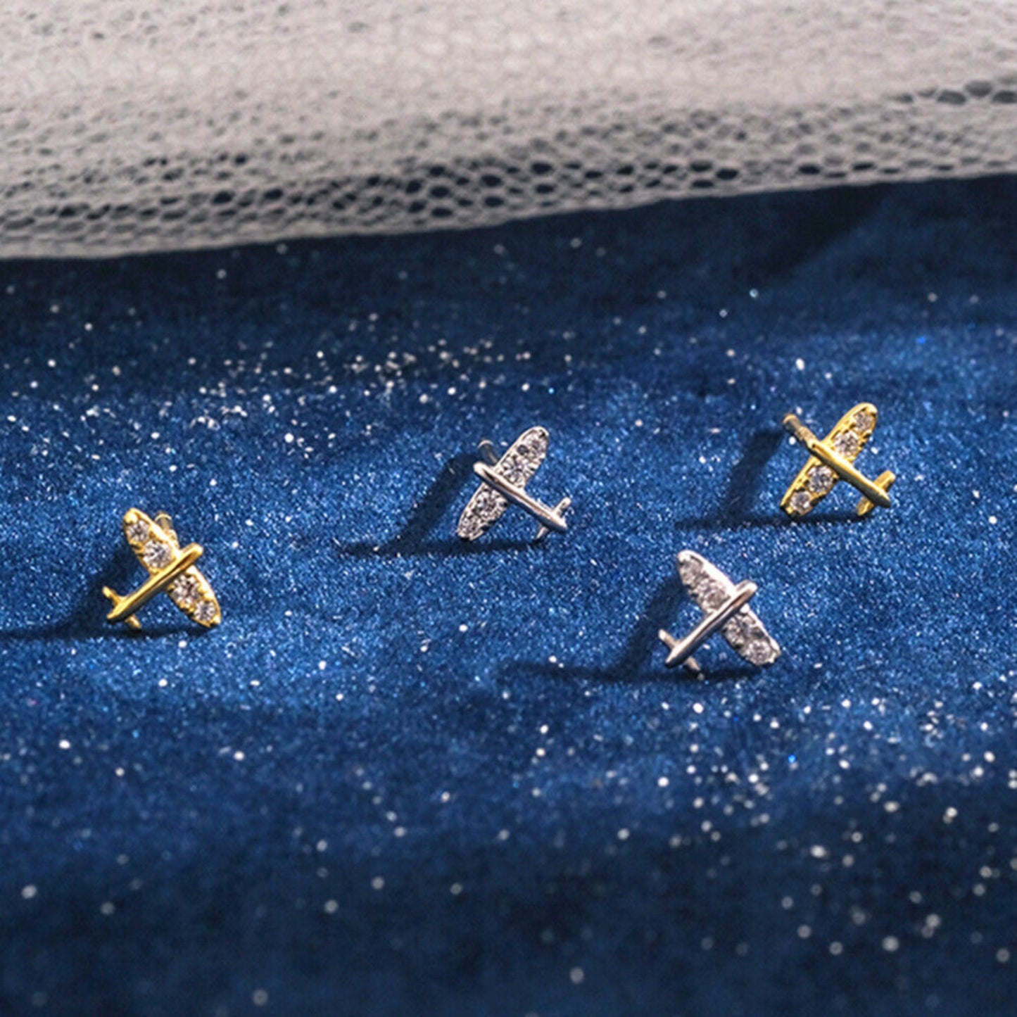 18K Gold on Sterling Silver Airplane CZ Stud Earrings - sugarkittenlondon