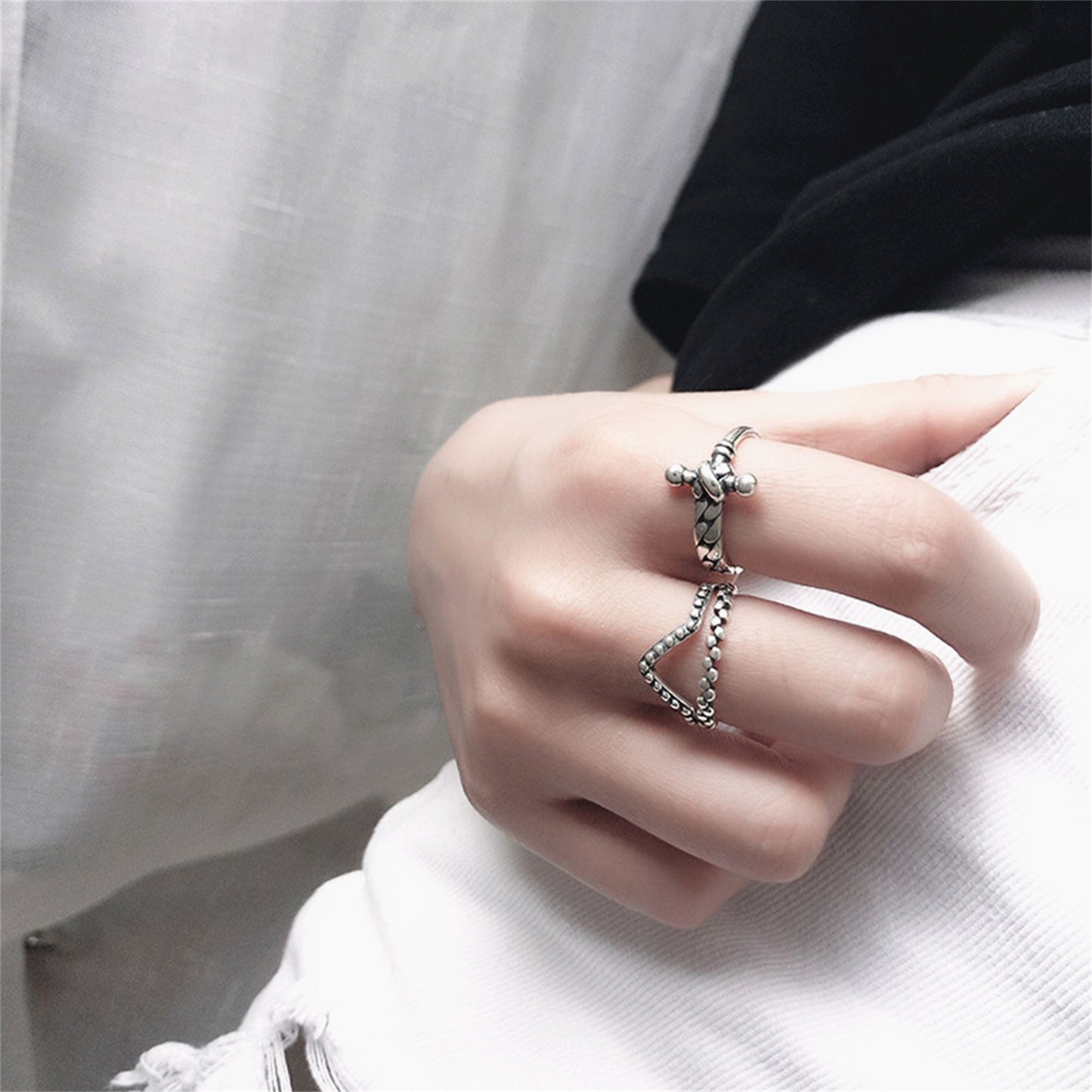 Sterling Silver Oxidized Chevron Ring with Beaded Stacking Design - sugarkittenlondon