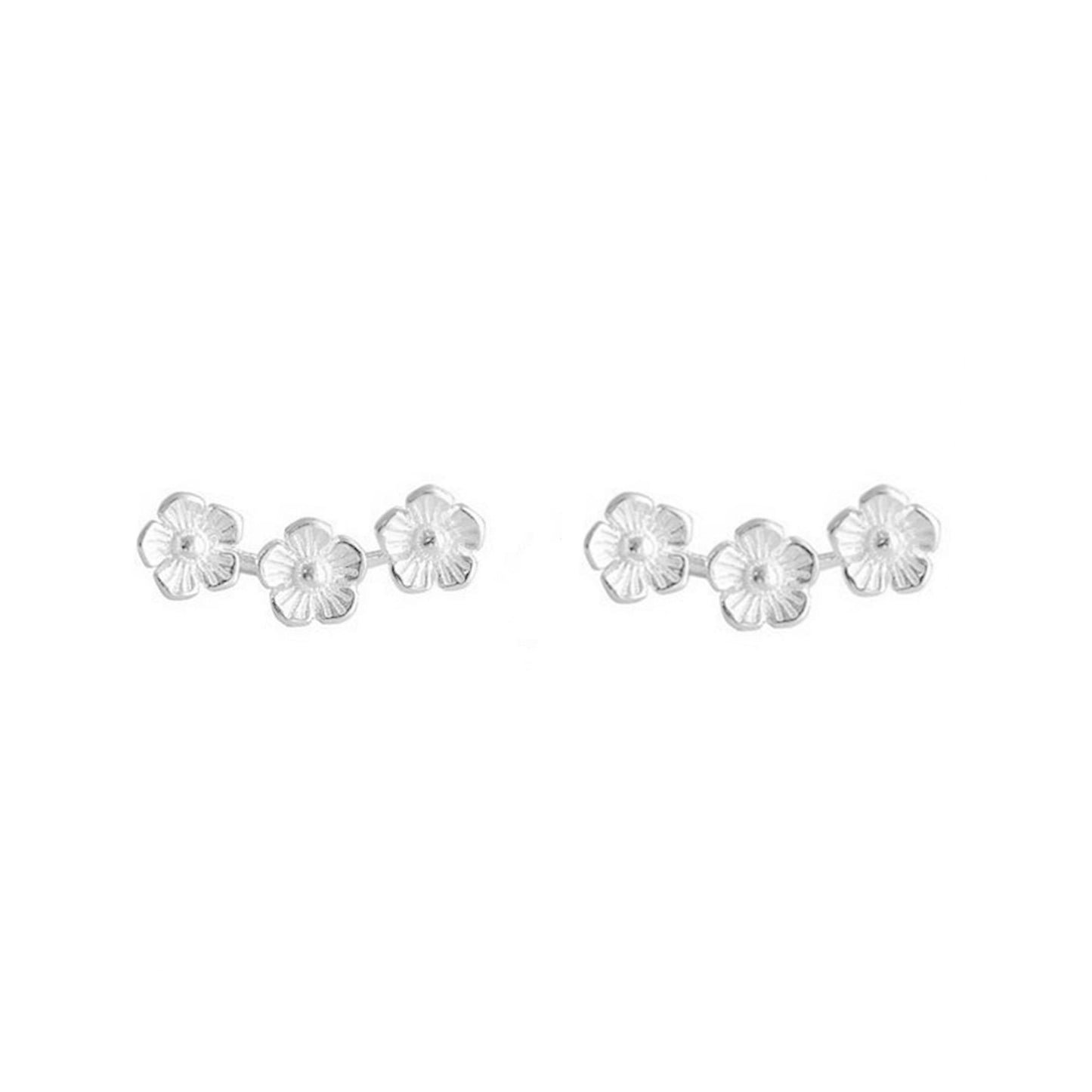 Mini 925 Sterling Silver Triple Flower Line Wave Post Stud Earrings - sugarkittenlondon