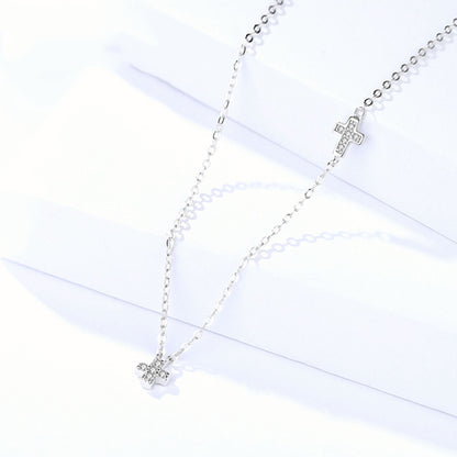 925 Sterling Silver Double Cross Micro Pave CZ Sideways Horizontal Charm Necklace - sugarkittenlondon