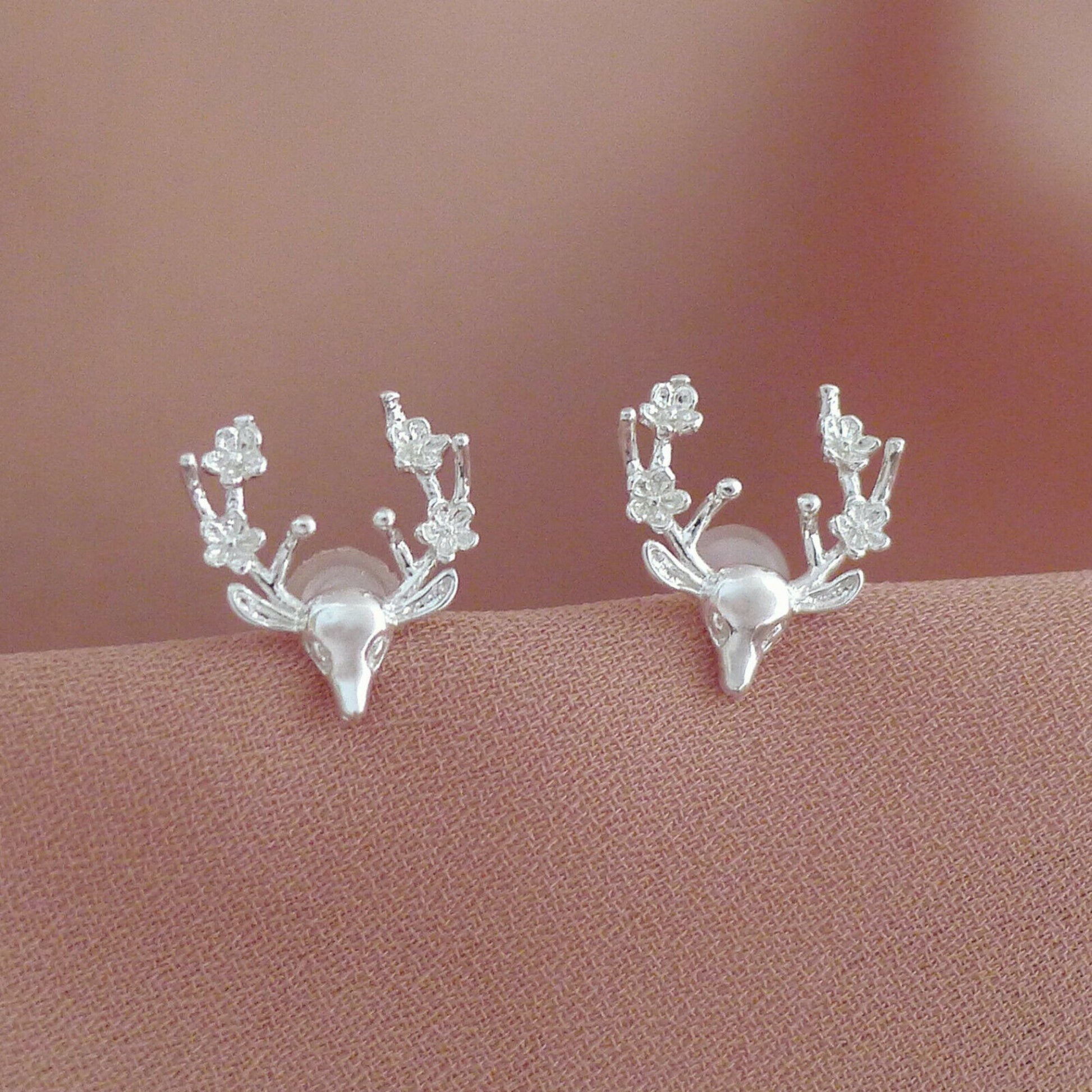 925 Sterling Silver Minimalist Skull Earrings with Deer Head and Flowers - sugarkittenlondon