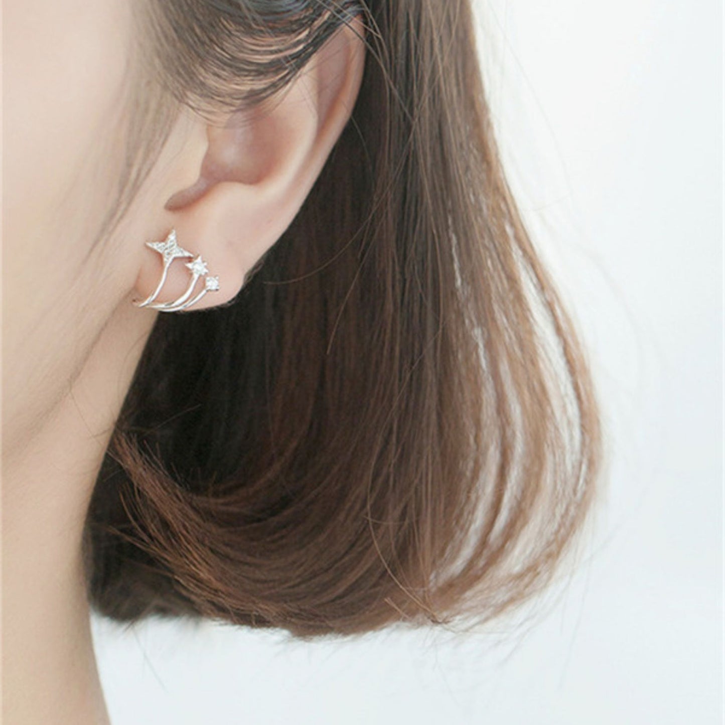 Sterling Silver Triple Shooting Star Polaris CZ Curvy Huggie Stud Earrings - sugarkittenlondon