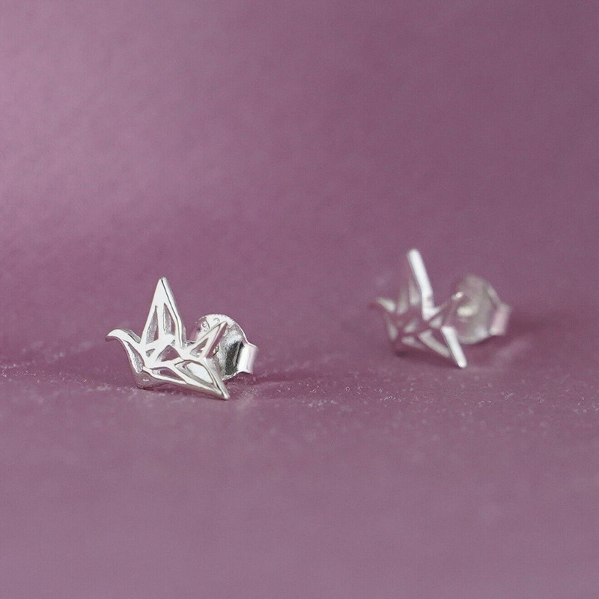 Sterling Silver Origami Crane Stud Earrings with Shiny Polished Finish - sugarkittenlondon