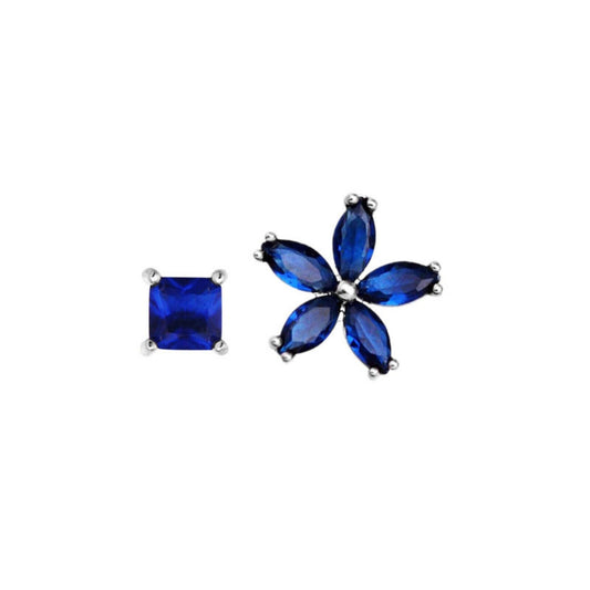 Dark Blue Flower CZ 925 Sterling Silver Square Stud Earrings - sugarkittenlondon
