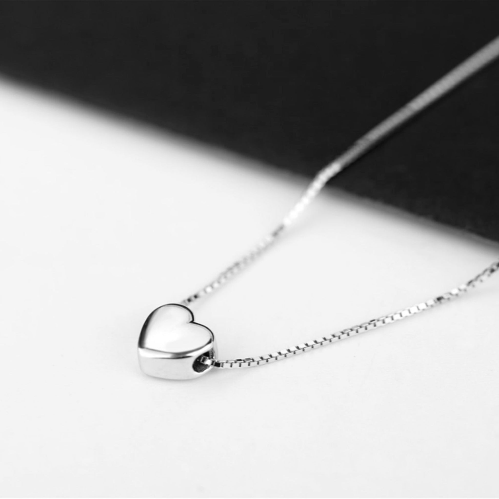 Sterling Silver Heart Necklace with Rhodium Plating and Bead Box Chain - sugarkittenlondon