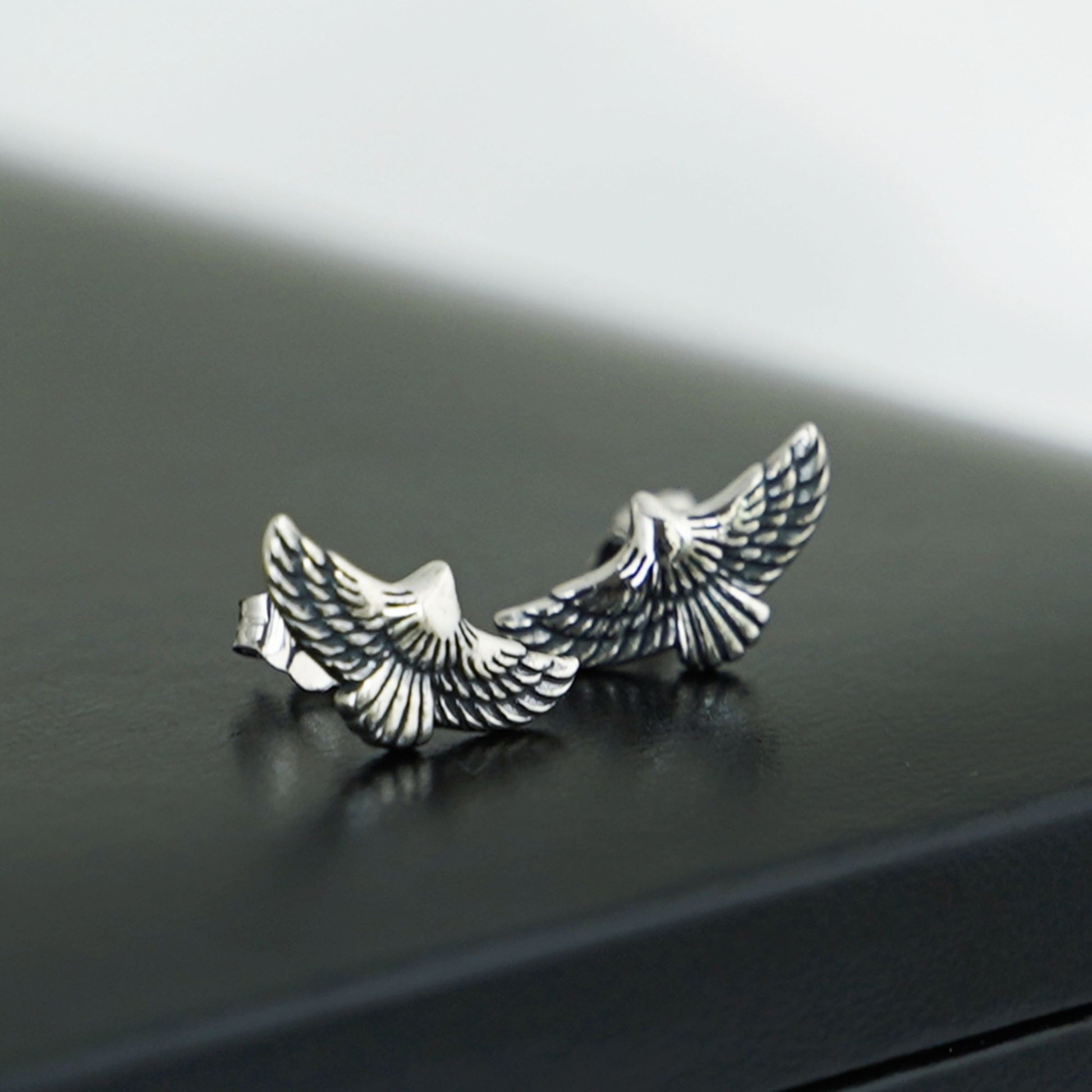 Sterling Silver Oxidized Wing Earrings with Feather Detail in Earring Boxed - sugarkittenlondon