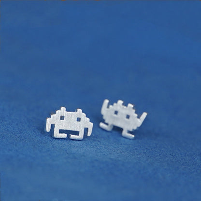 925 Sterling Silver Space Invader Stud Earrings - Pixel Game Inspired Studs Earrings - sugarkittenlondon