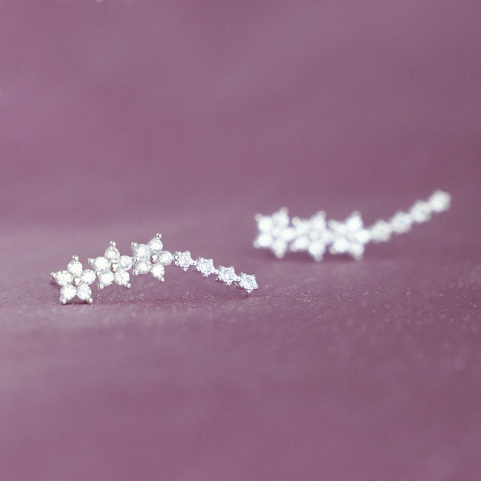 Sterling Silver Paved CZ Curved Line Star Flower Post Drop Climber Earrings 3 Tones - sugarkittenlondon