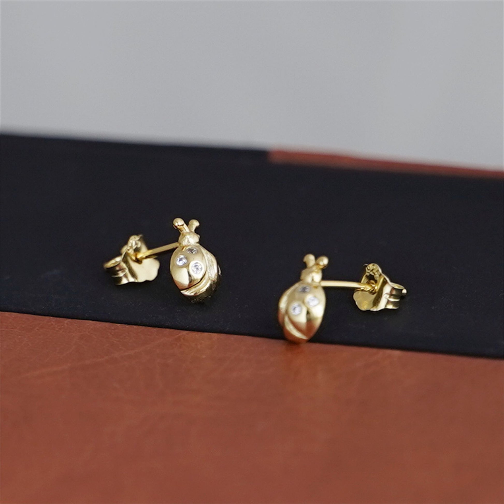 18K Gold on Sterling Silver Ladybird Stud Earrings with CZ - sugarkittenlondon