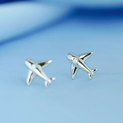 925 Sterling Silver Airplane Stud Earrings with Cubic Zirconia - sugarkittenlondon