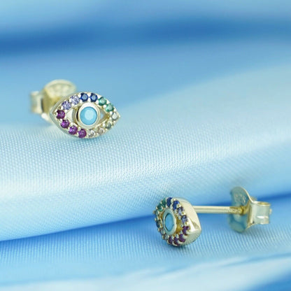 Sterling Silver Evil Eye Stud Earrings with 14K Gold Plating, Rainbow CZ and Turquoise - sugarkittenlondon