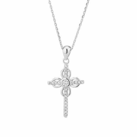 Rhodium on Sterling Silver Paved CZ Ribbon Cross Floral Cross Bezel Cz Centre Pendant Necklace - sugarkittenlondon