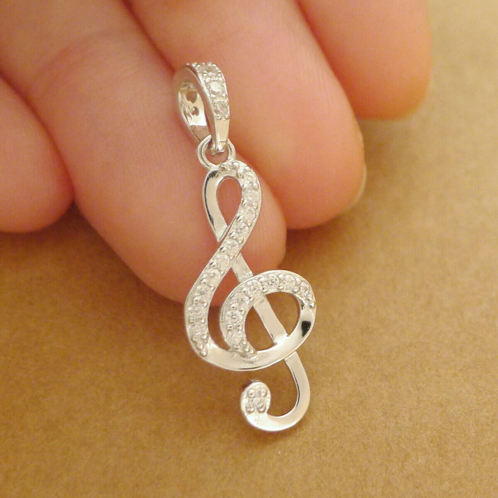 Sterling Silver CZ Treble Clef Necklace with G Music Note Pendant - sugarkittenlondon