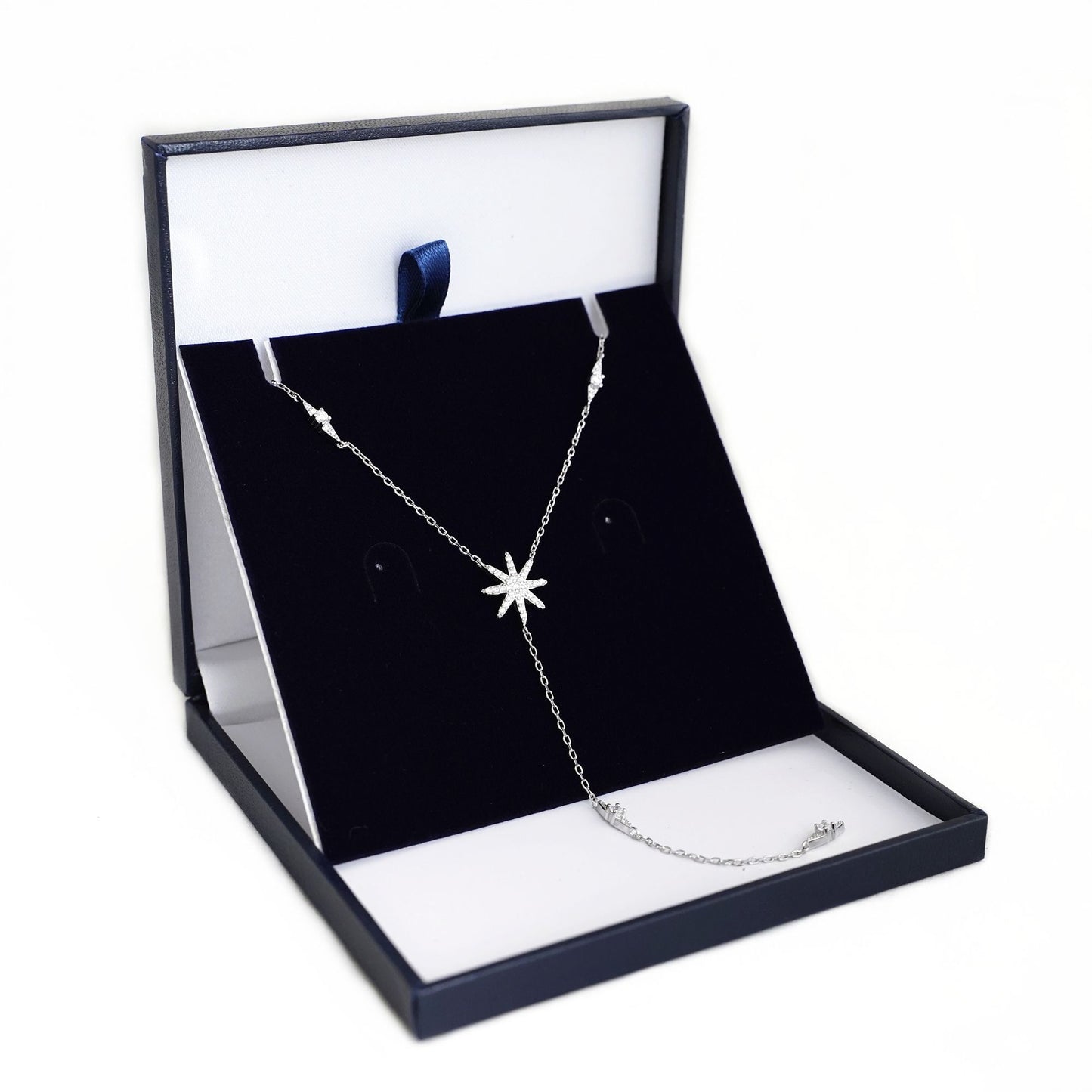 Sterling Silver Lariat Necklace with CZ Sunlight Star Sunburst Drop - sugarkittenlondon