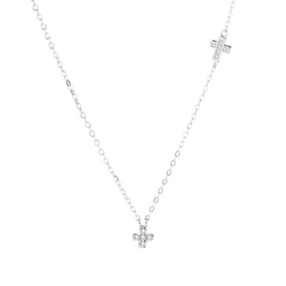 925 Sterling Silver Double Cross Micro Pave CZ Sideways Horizontal Charm Necklace - sugarkittenlondon