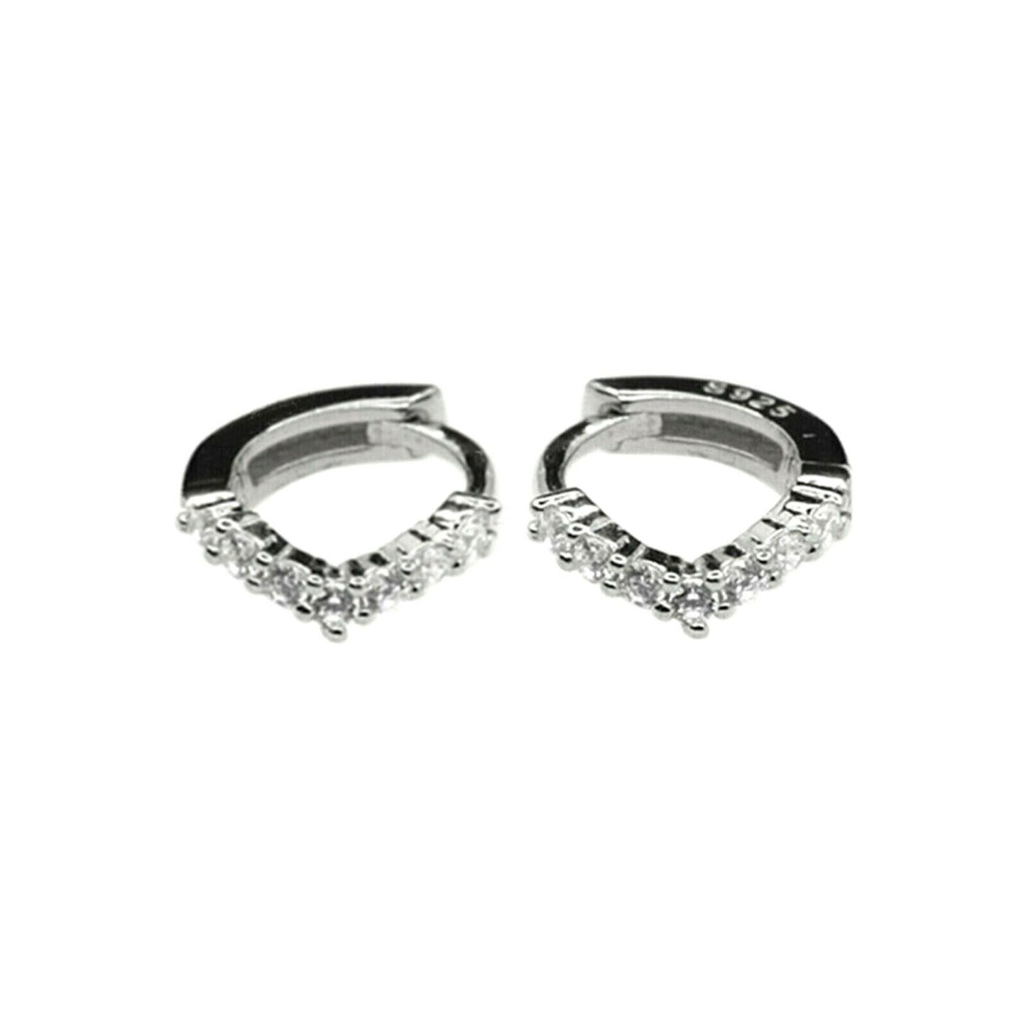 6mm-8mm Sterling Silver Wishbone CZ Huggie Lobe Earrings with Plain Bead Edge - sugarkittenlondon