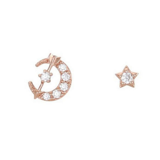 Rose Gold Moon Star Stud Earrings with CZ Love Arrow on sterling silver - sugarkittenlondon