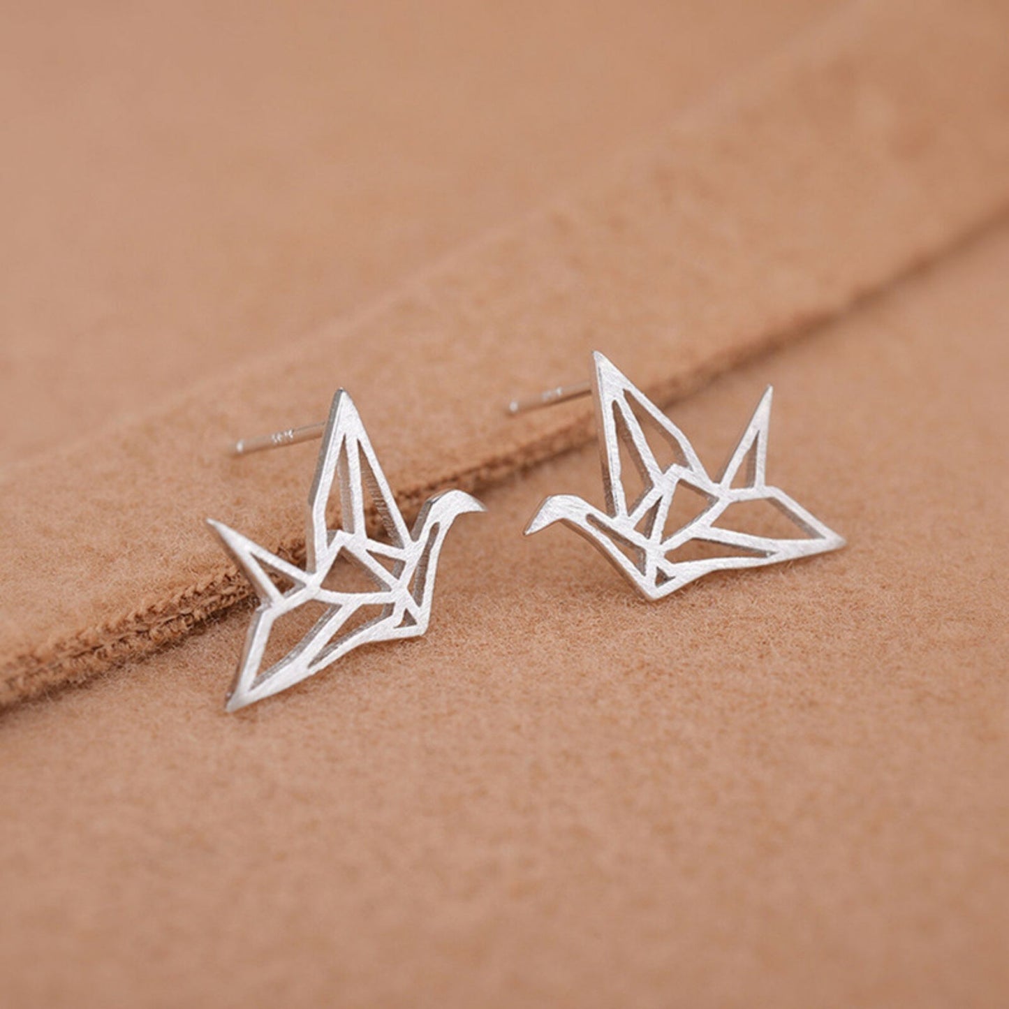 Sterling Silver Matte Brushed Origami Crane Bird Girls Stud Earrings - sugarkittenlondon