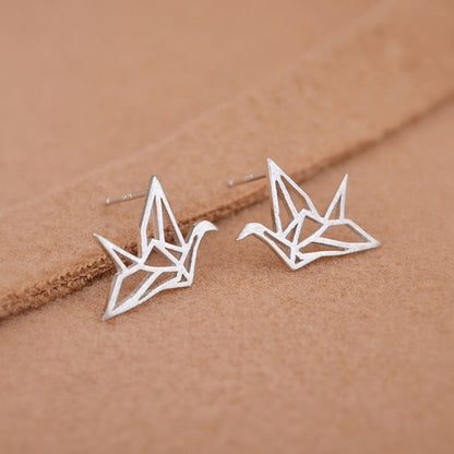 Sterling Silver Matte Brushed Origami Crane Bird Girls Stud Earrings - sugarkittenlondon