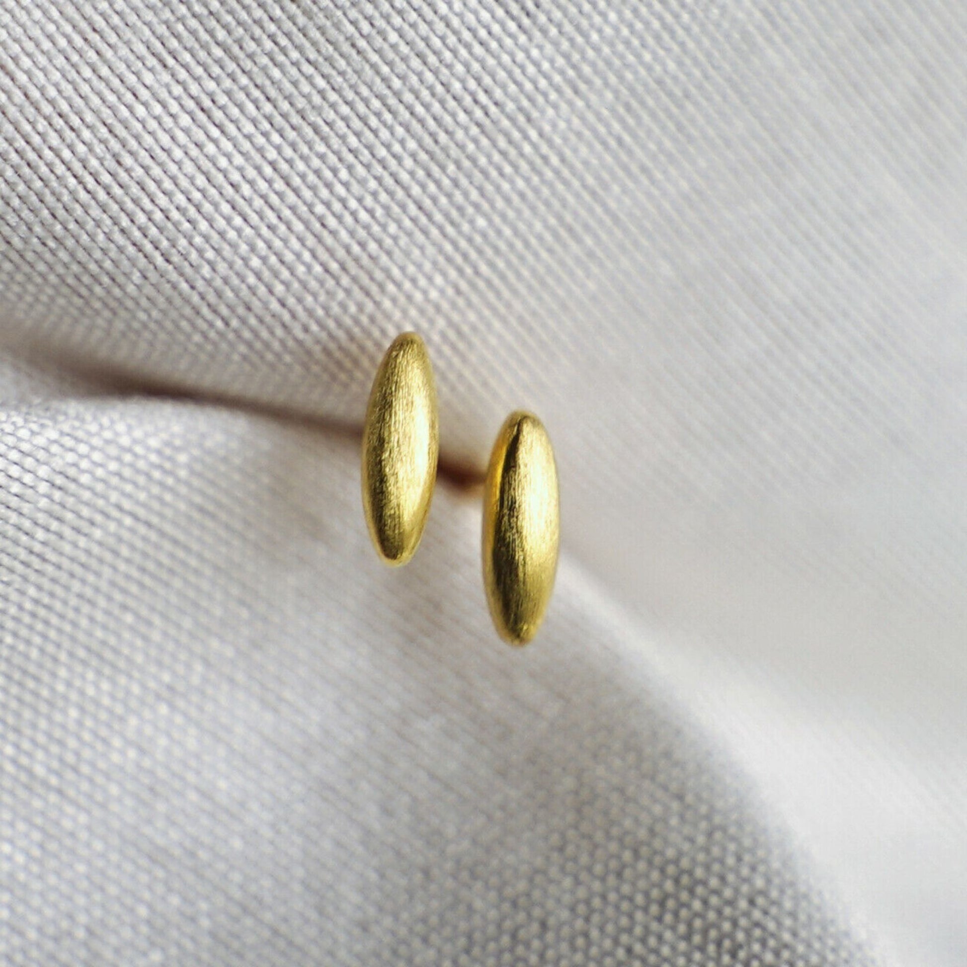 18K Gold on Sterling Silver Mini Brushed Rice Oval Dot Teardrop Stud Earrings - sugarkittenlondon