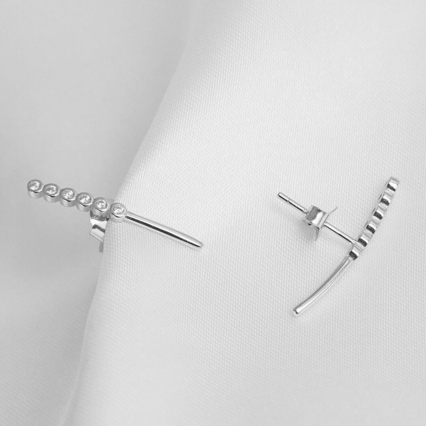 Sterling Silver Pointy Bar Linked Bezel CZ Line Stud Climber Drop Earrings - sugarkittenlondon