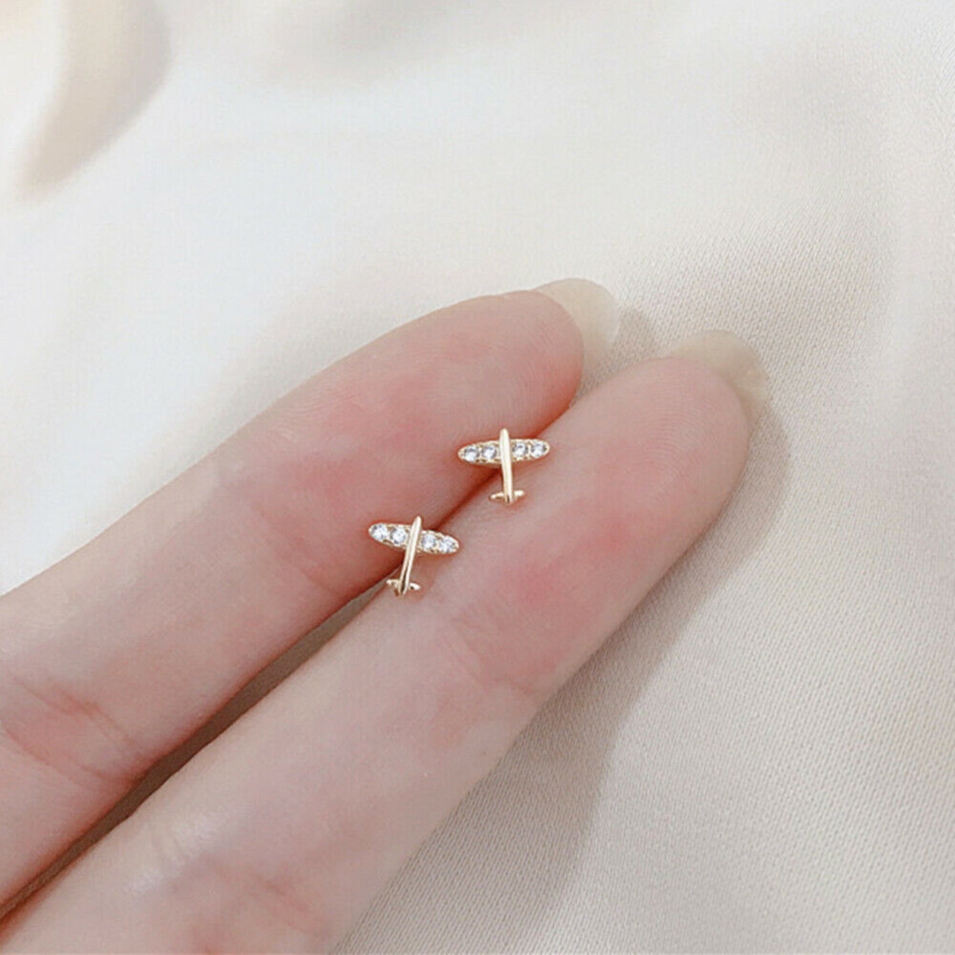 18K Gold on Sterling Silver Airplane CZ Stud Earrings - sugarkittenlondon