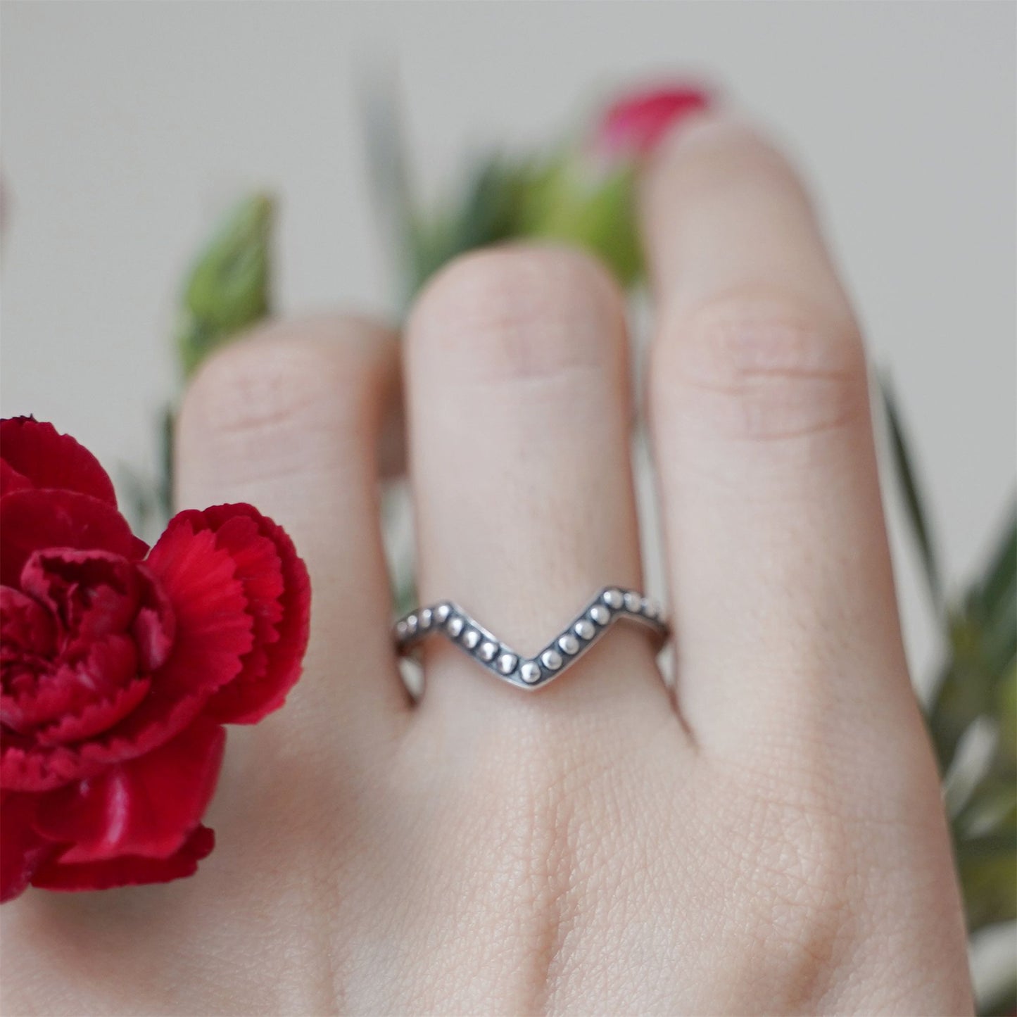 Sterling Silver Oxidized Chevron Ring with Beaded Stacking Design - sugarkittenlondon