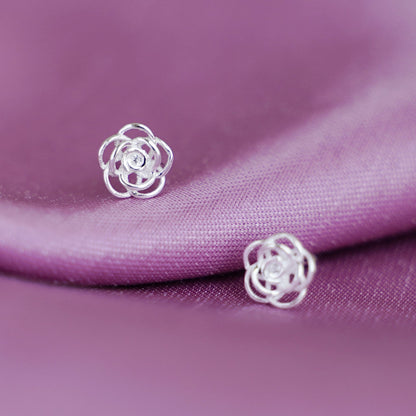 925 Sterling Silver Rose Flower 3D Hollow Stud Earrings with CZ - Gift Boxed - sugarkittenlondon