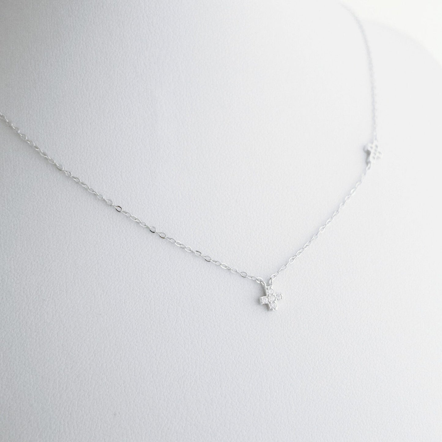 925 Sterling Silver Double Cross Micro Pave CZ Sideways Horizontal Charm Necklace - sugarkittenlondon