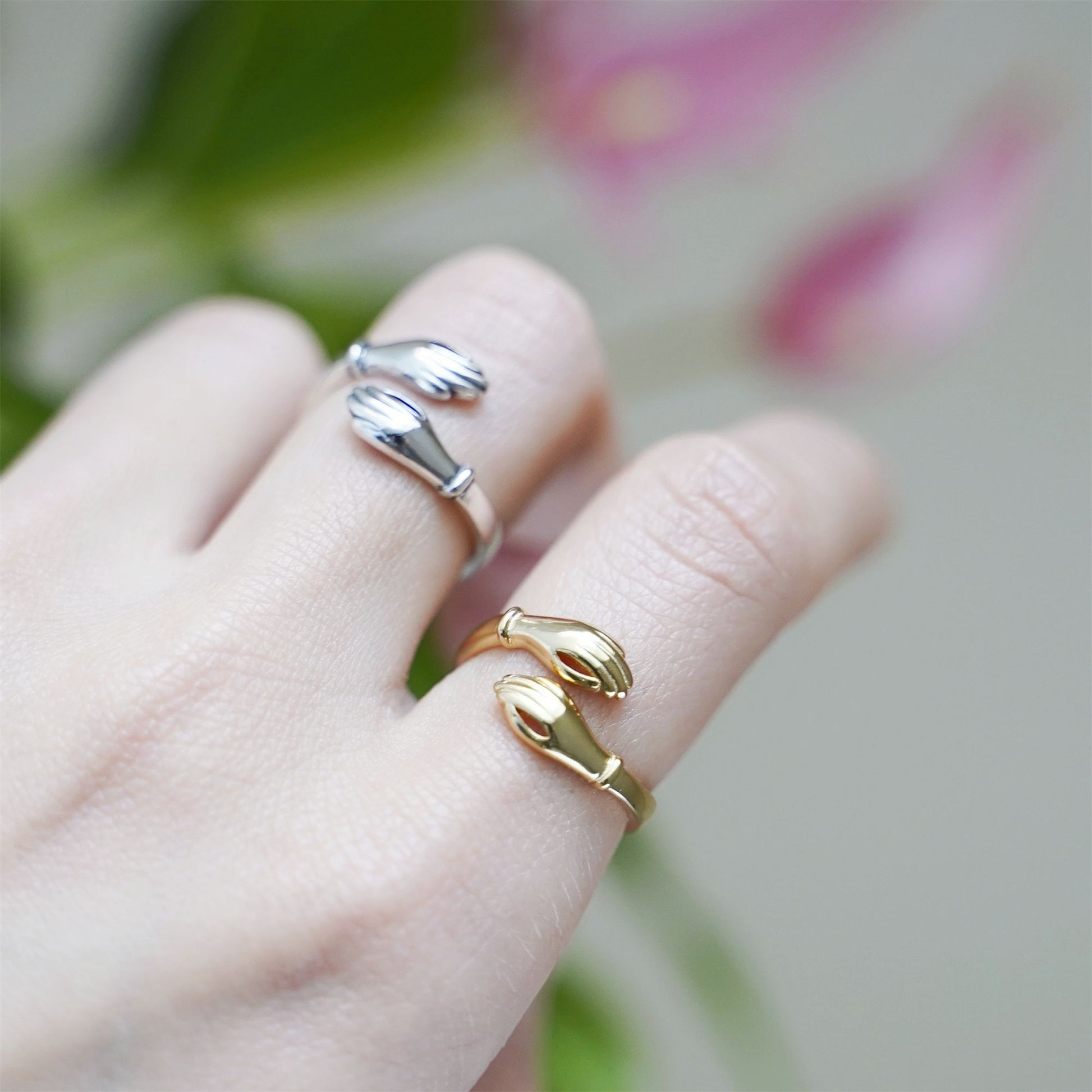 Sterling Silver 2-Tone Hugging Hands Rings: A Gift for the One You Love - sugarkittenlondon