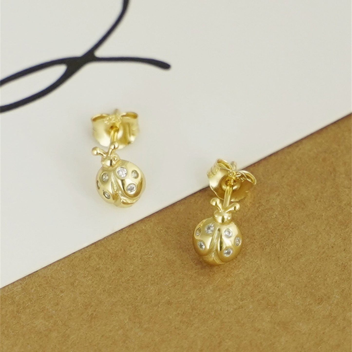 18K Gold on Sterling Silver Ladybird Stud Earrings with CZ - sugarkittenlondon