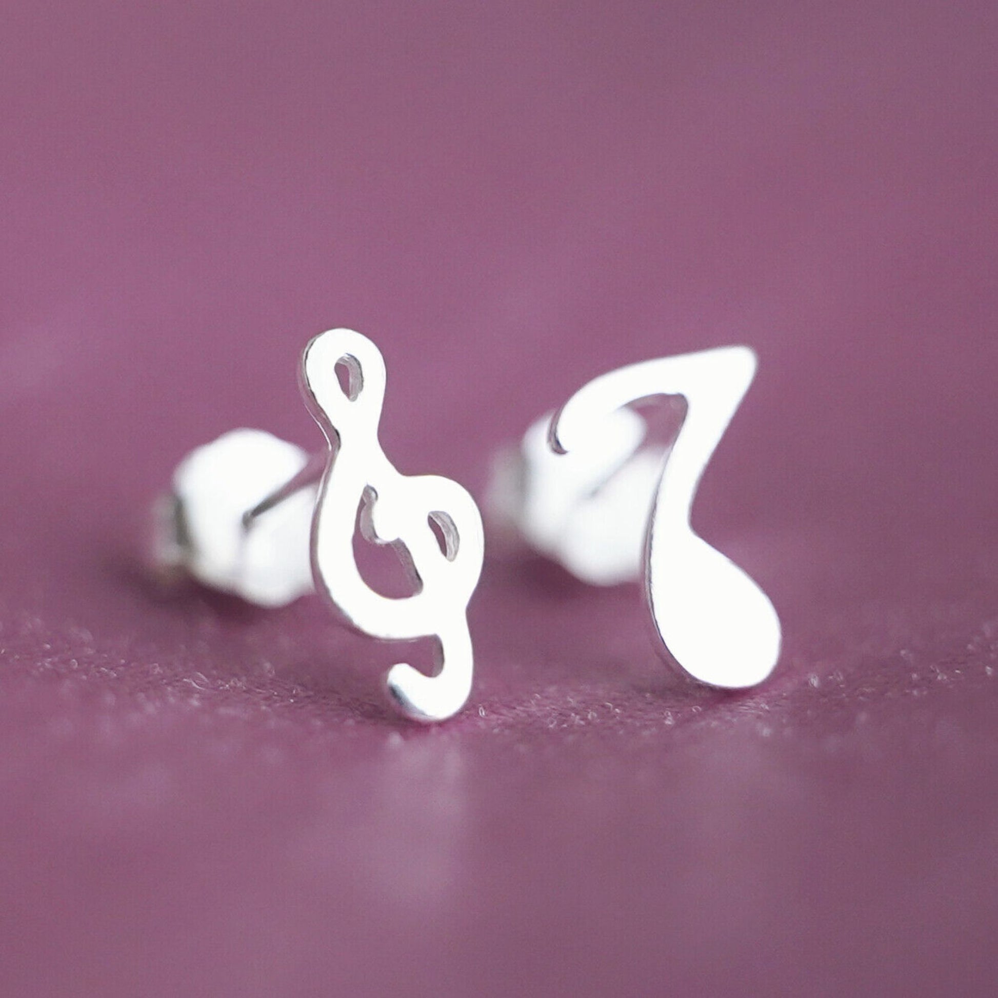 Sterling Silver Shiny Asymmetric Musical Note G Treble Clef Studs Earrings - sugarkittenlondon