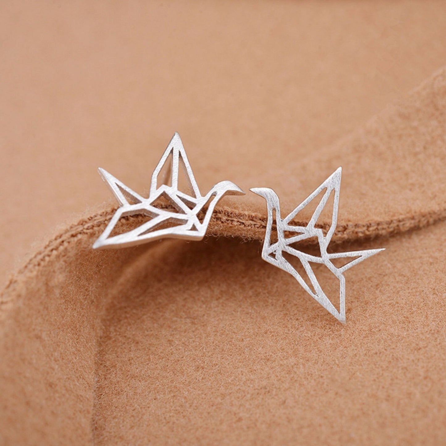 Sterling Silver Matte Brushed Origami Crane Bird Girls Stud Earrings - sugarkittenlondon