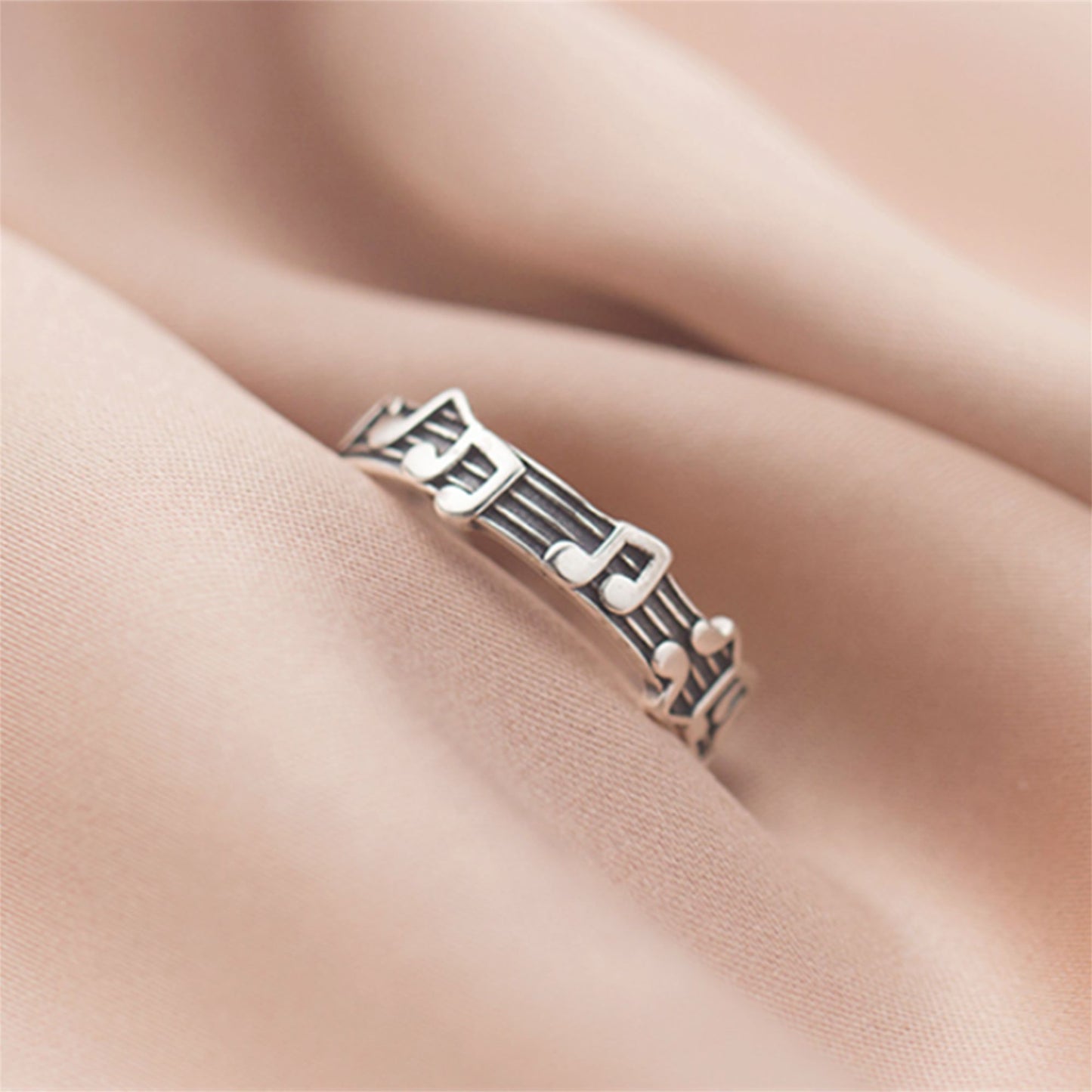 925 Sterling Silver Oxidized Musical Note Ring with Open Band - sugarkittenlondon