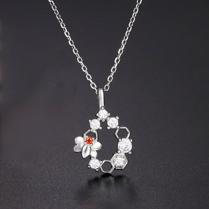 Sterling Silver Beehive Wreath Pendant Necklace with Red White CZ Stones - sugarkittenlondon
