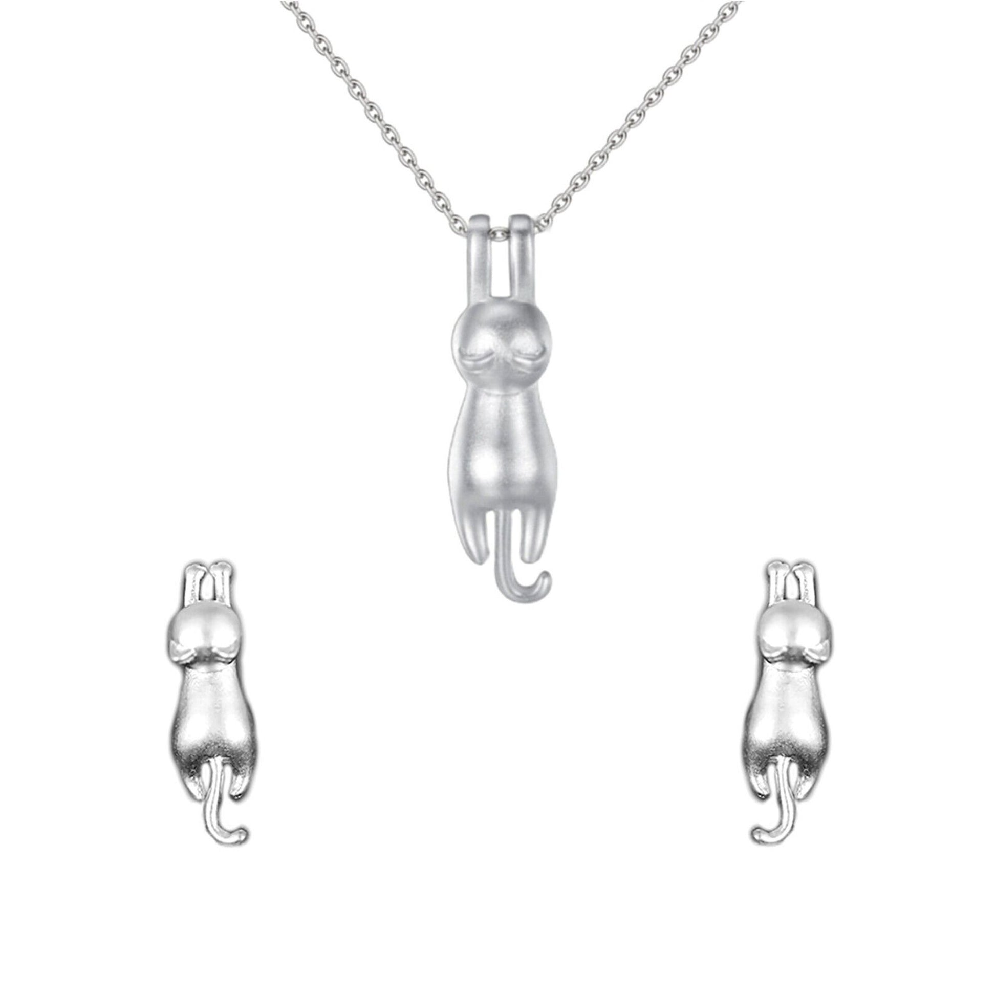 Sterling Silver Cat Necklace with Jumping Kitten Stud Earrings - sugarkittenlondon