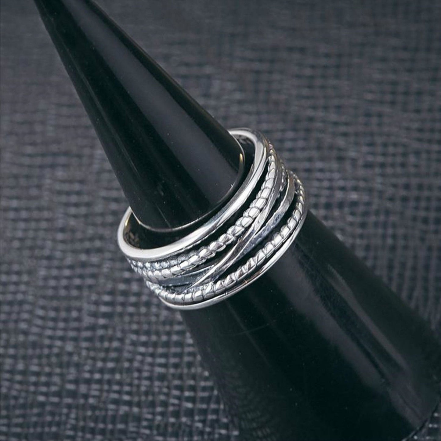 Sterling Silver Entwined Ring with Wide Oxidized Rope Band (UK N) - sugarkittenlondon
