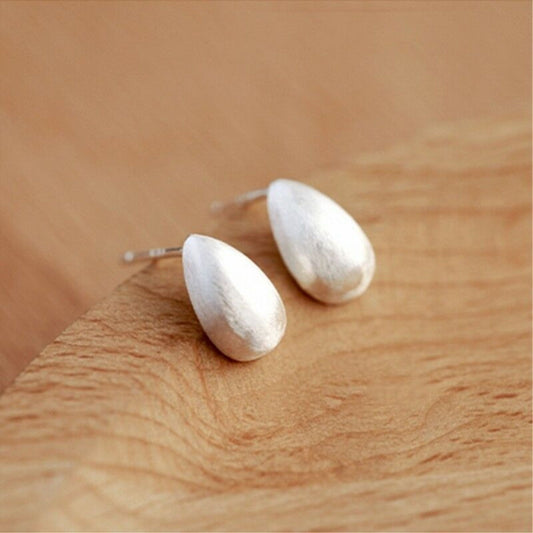 Sterling Silver Small Dome Brushed Waterdrop Pear Teardrop Stud Earrings - sugarkittenlondon