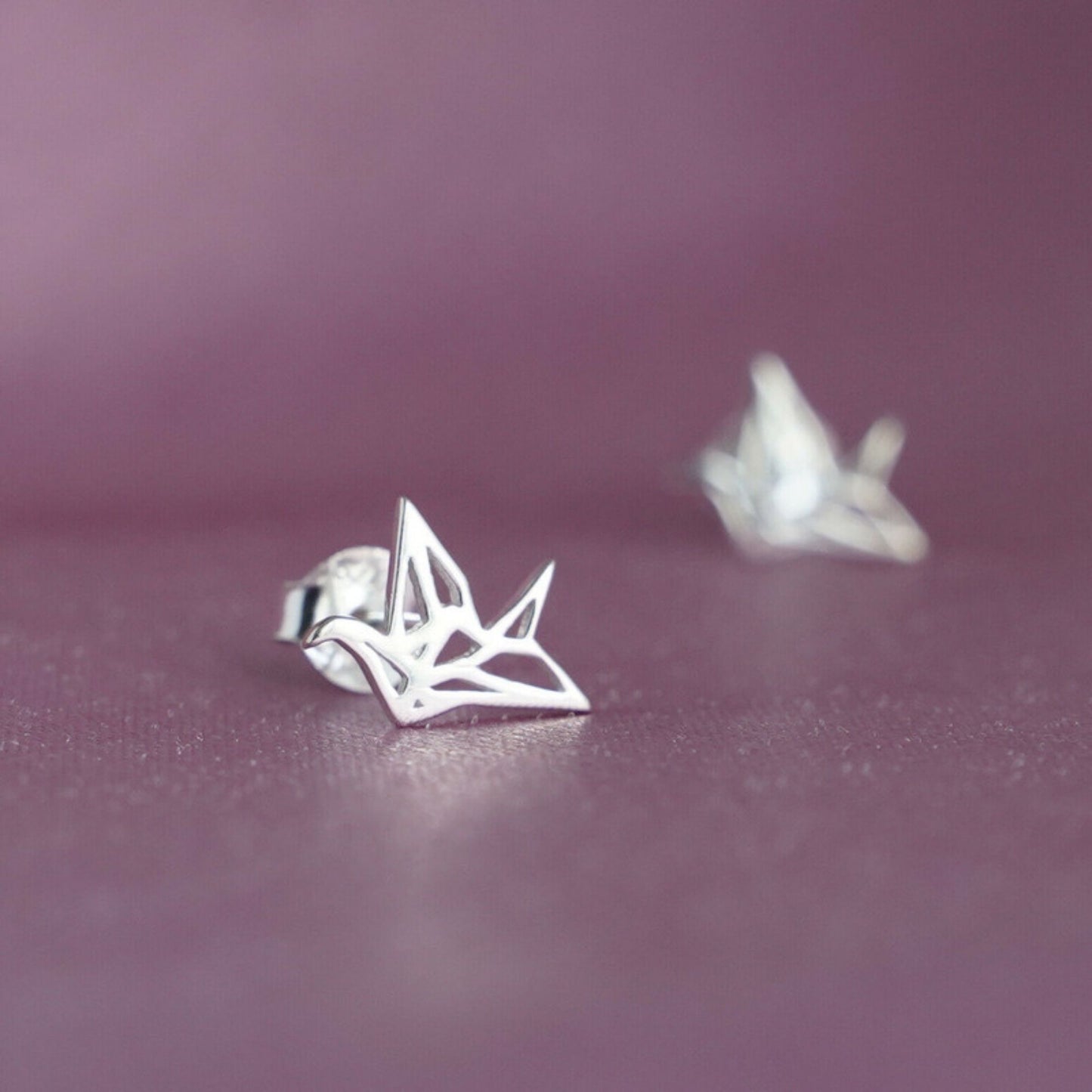 Sterling Silver Origami Crane Stud Earrings with Shiny Polished Finish - sugarkittenlondon