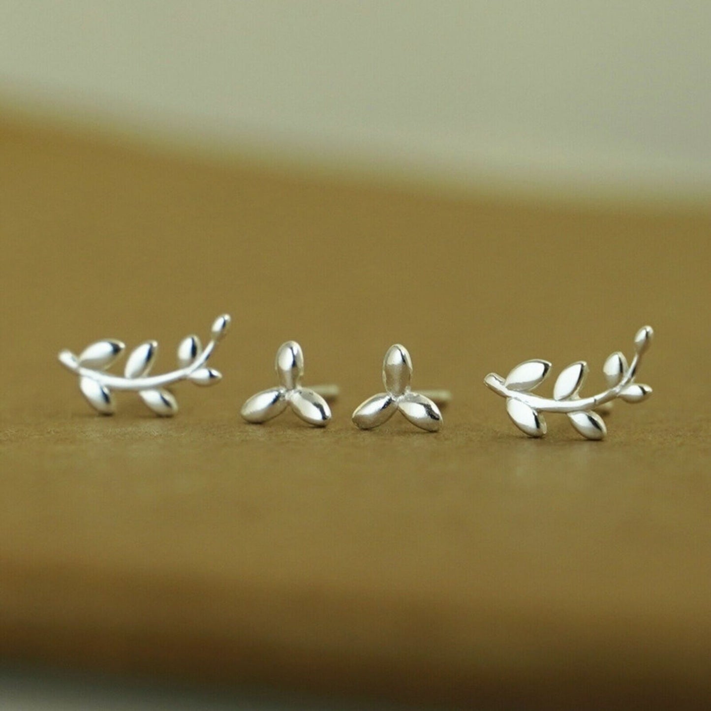 2 Pairs Sterling Silver Asymmetry Leaf Olive Brach Post Stud Earrings Boxed - sugarkittenlondon