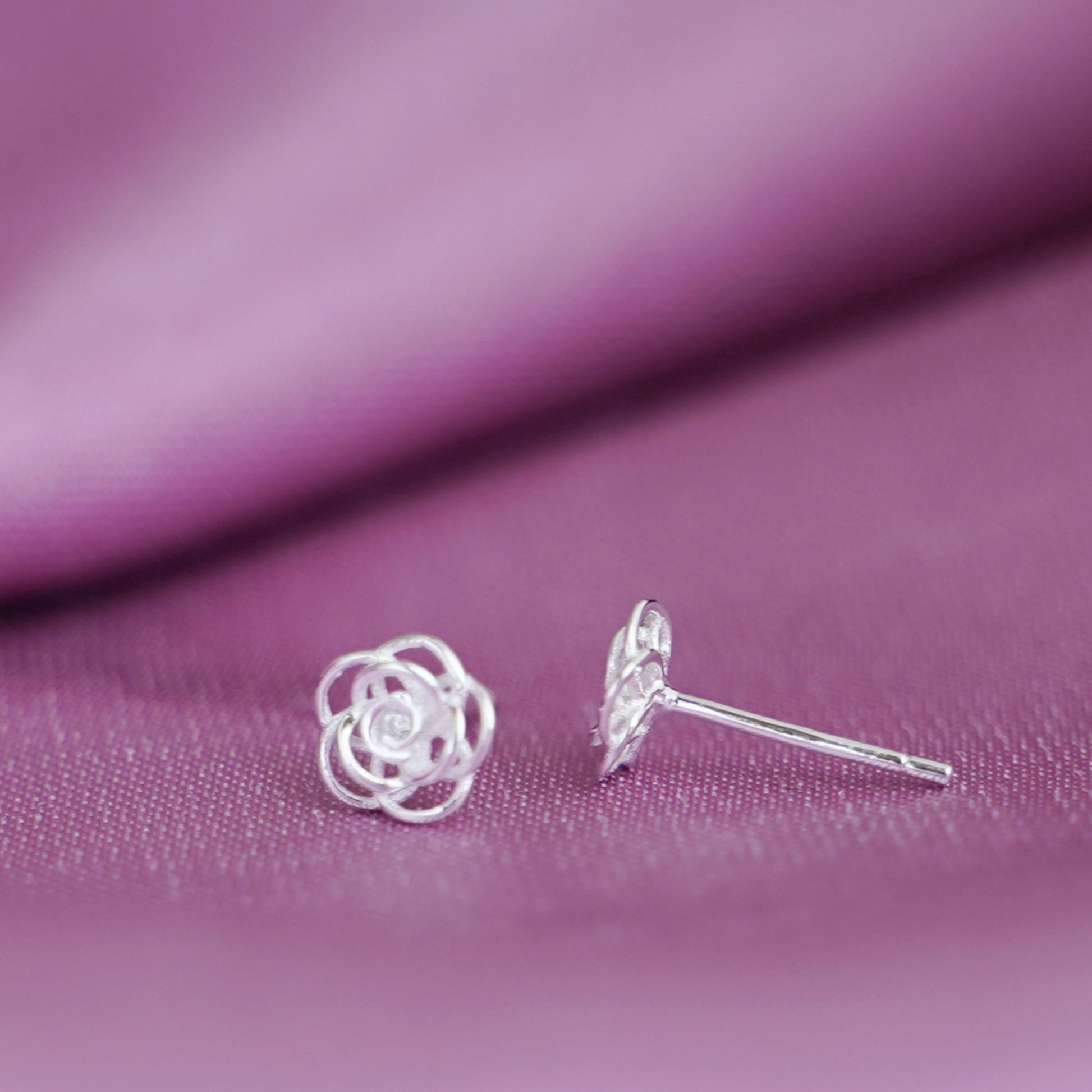 925 Sterling Silver Rose Flower 3D Hollow Stud Earrings with CZ - Gift Boxed - sugarkittenlondon