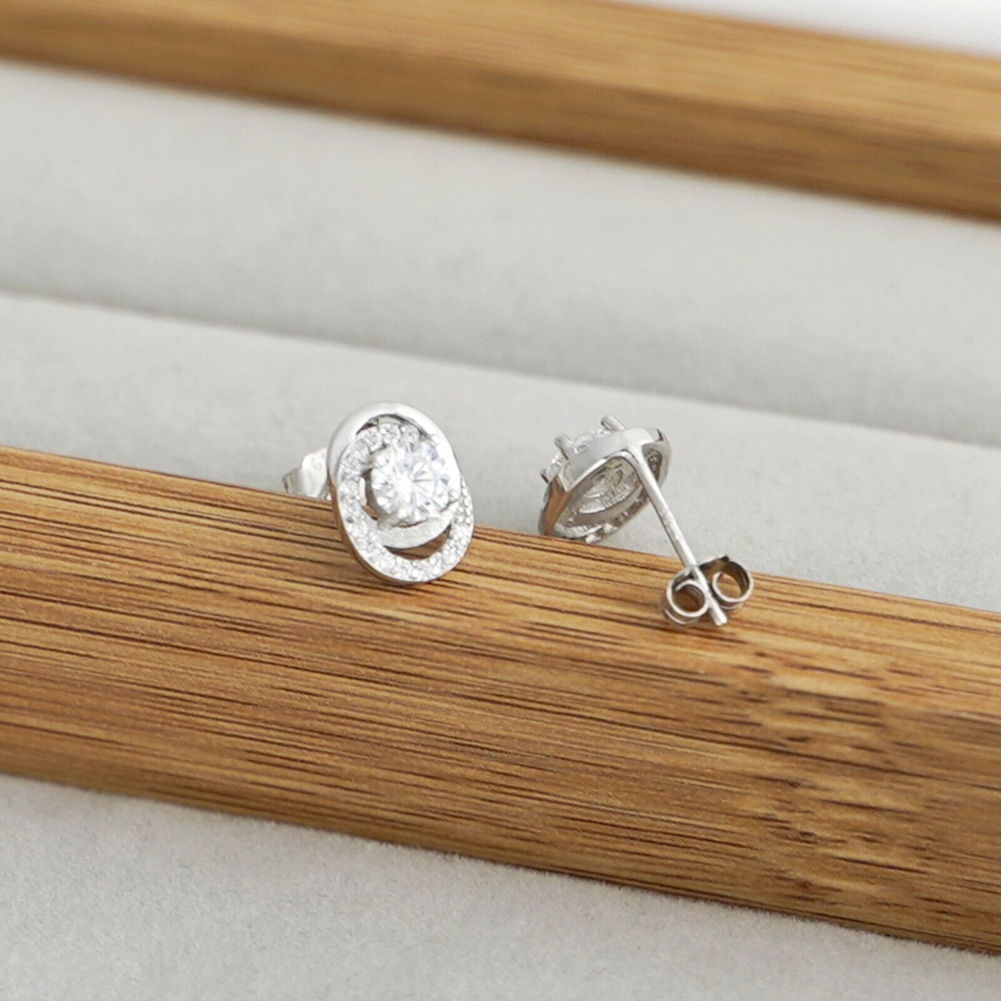 Stunning Rhodium-Plated Sterling Silver Halo Stud Earrings with 5mm CZ Ovals - sugarkittenlondon